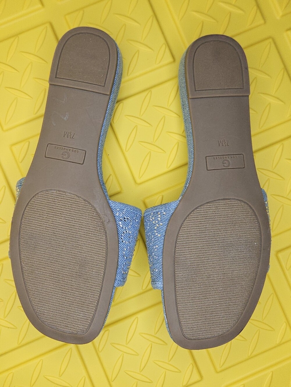 GBG Los Angeles Light Blue/Denim Slide Sandals with Rhinestone Logo Accents - Picture 3 of 3